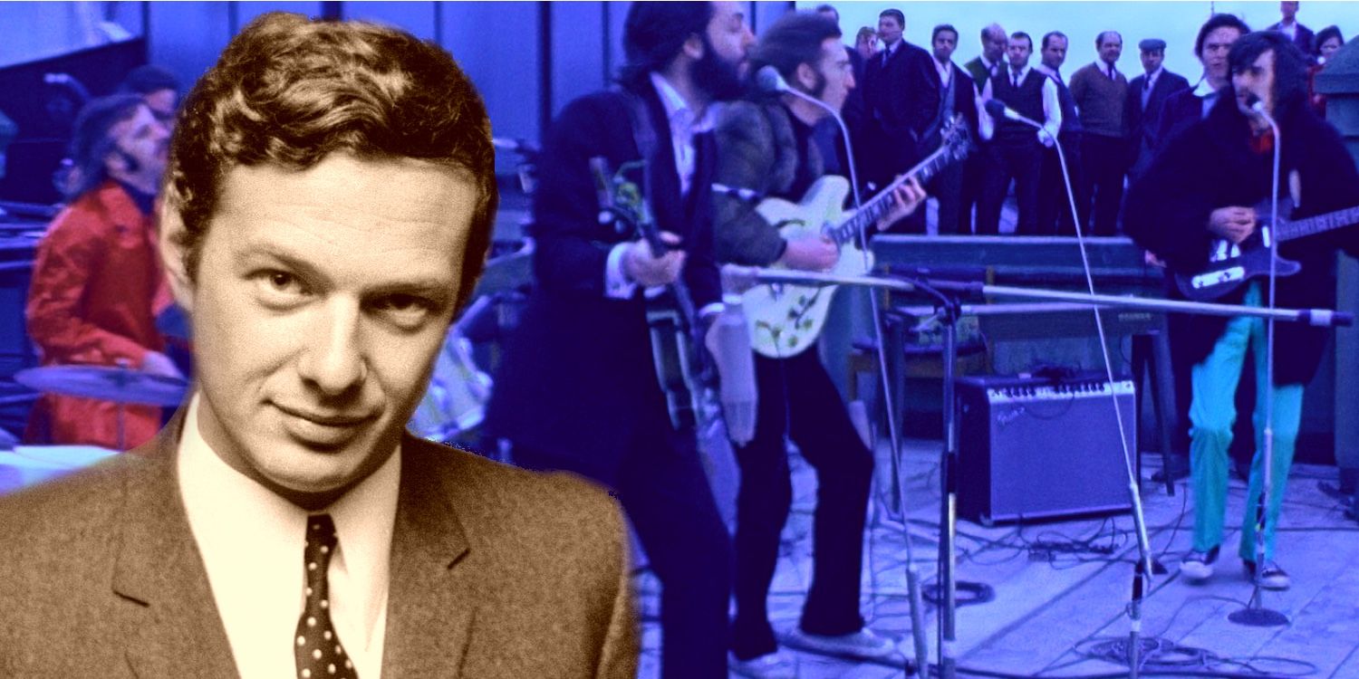 Blended image of Brian Epstein over the Beatles in Get Back