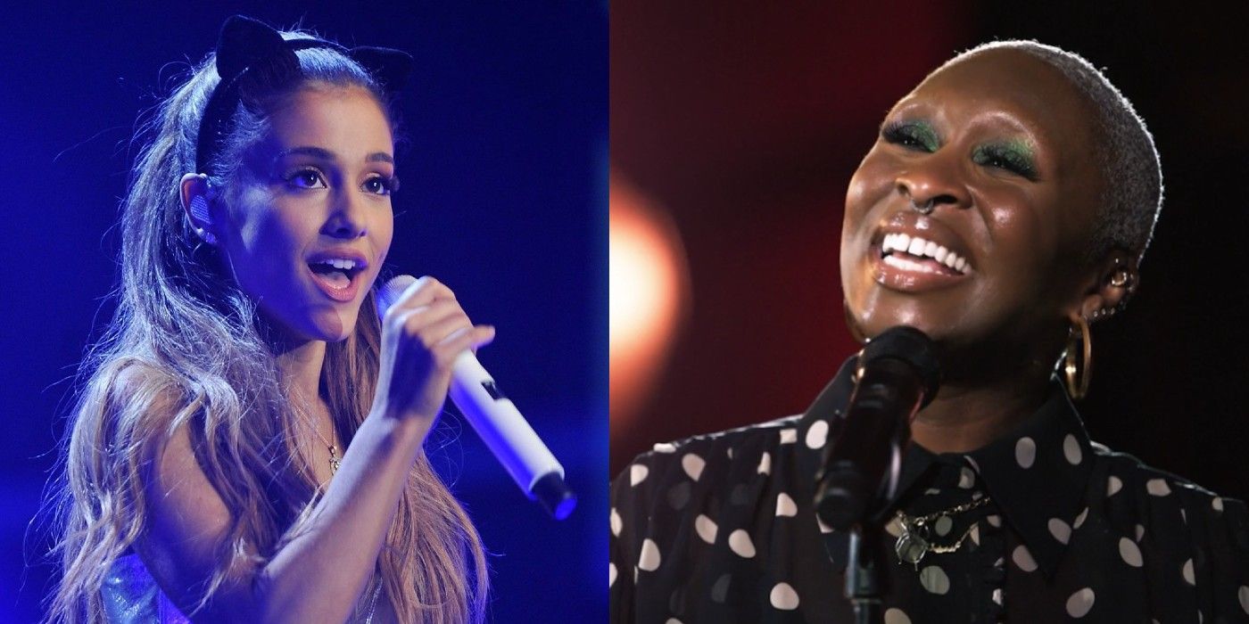 A split image features Ariana Grande and Cynthia Erivo at microphones