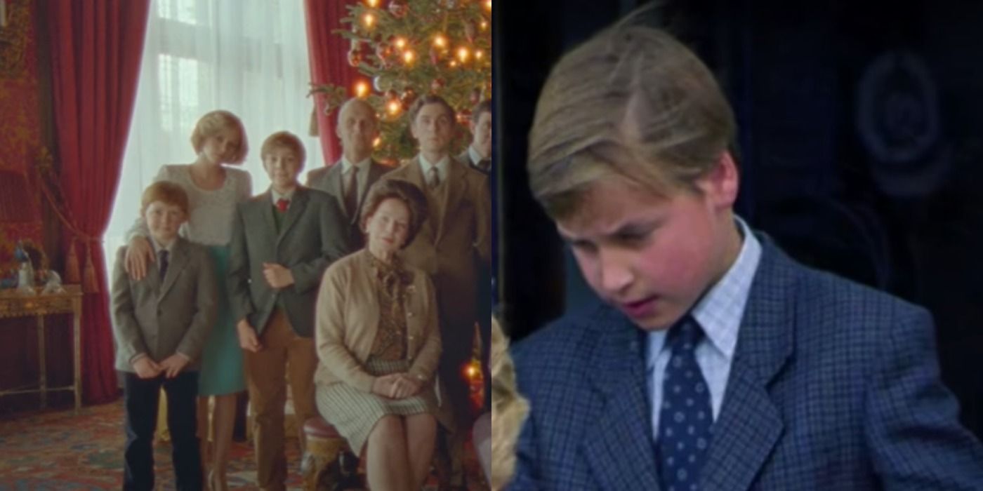 A split screen of Jack Nielen as Prince William of Wales in Spencer.