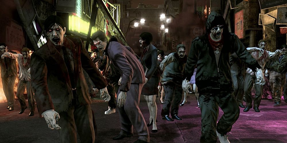 zombies lumber down the road in Yakuza Dead Souls