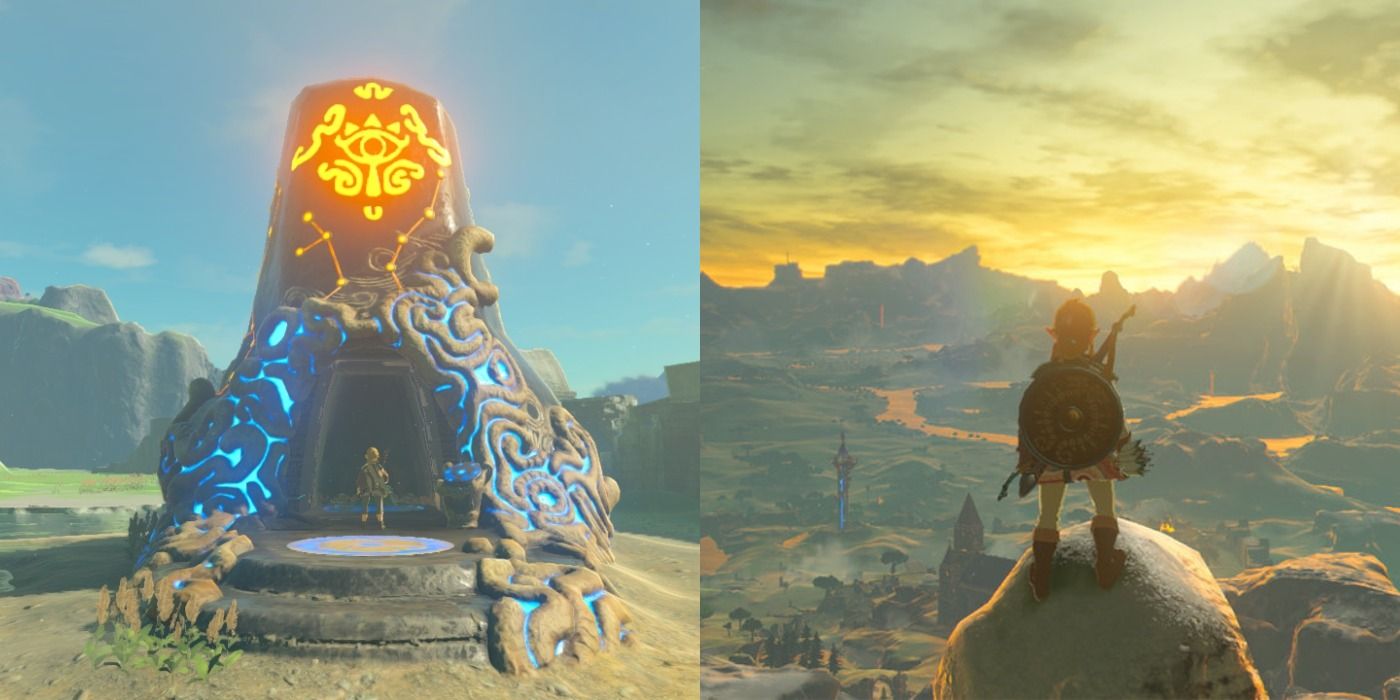 Split image of an ancient temple and landscape from Zelda: Breath of the Wild