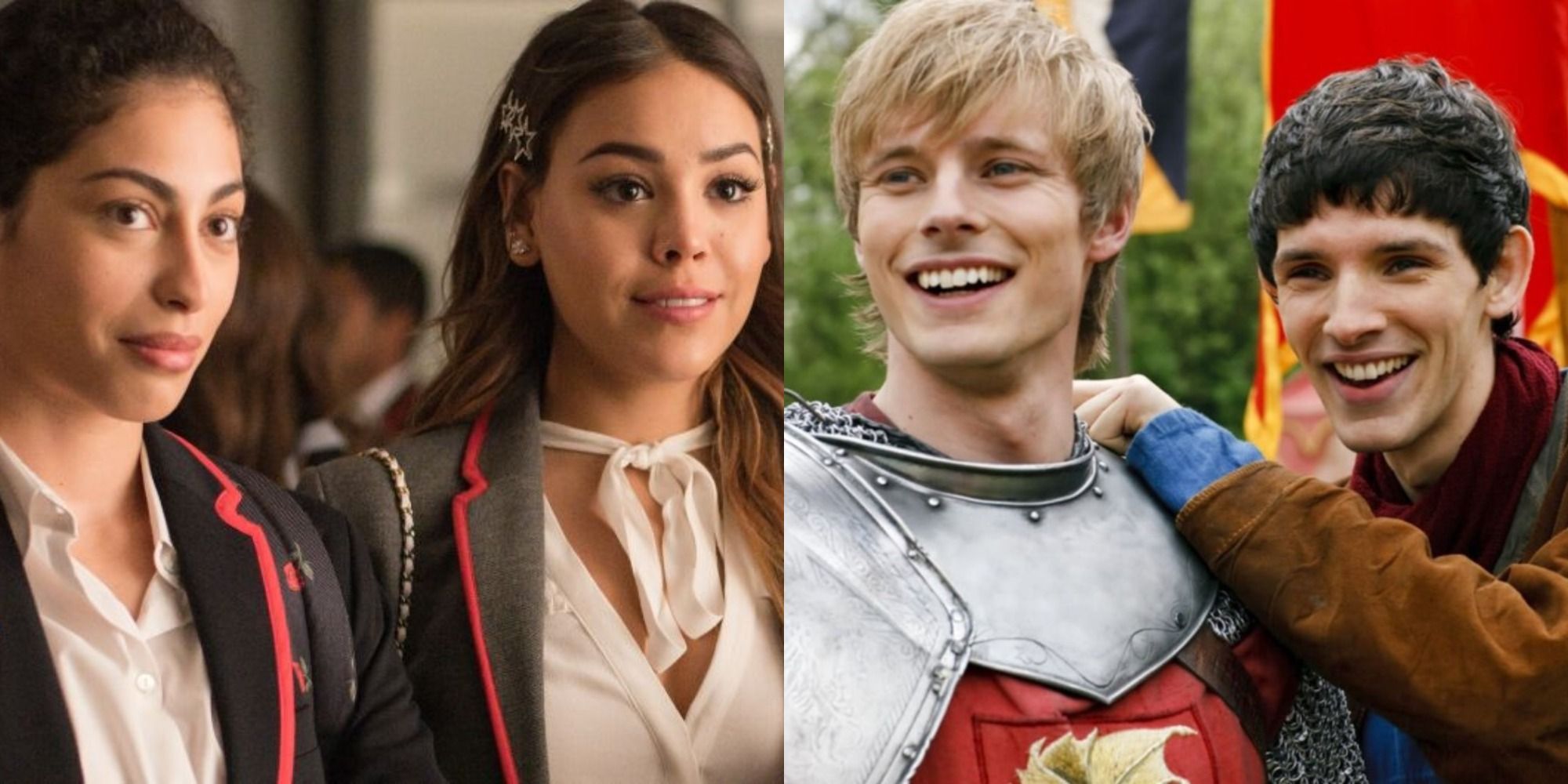 Split image showing Nadia and Lu in Élite and Arthur and Merlin in Merlin