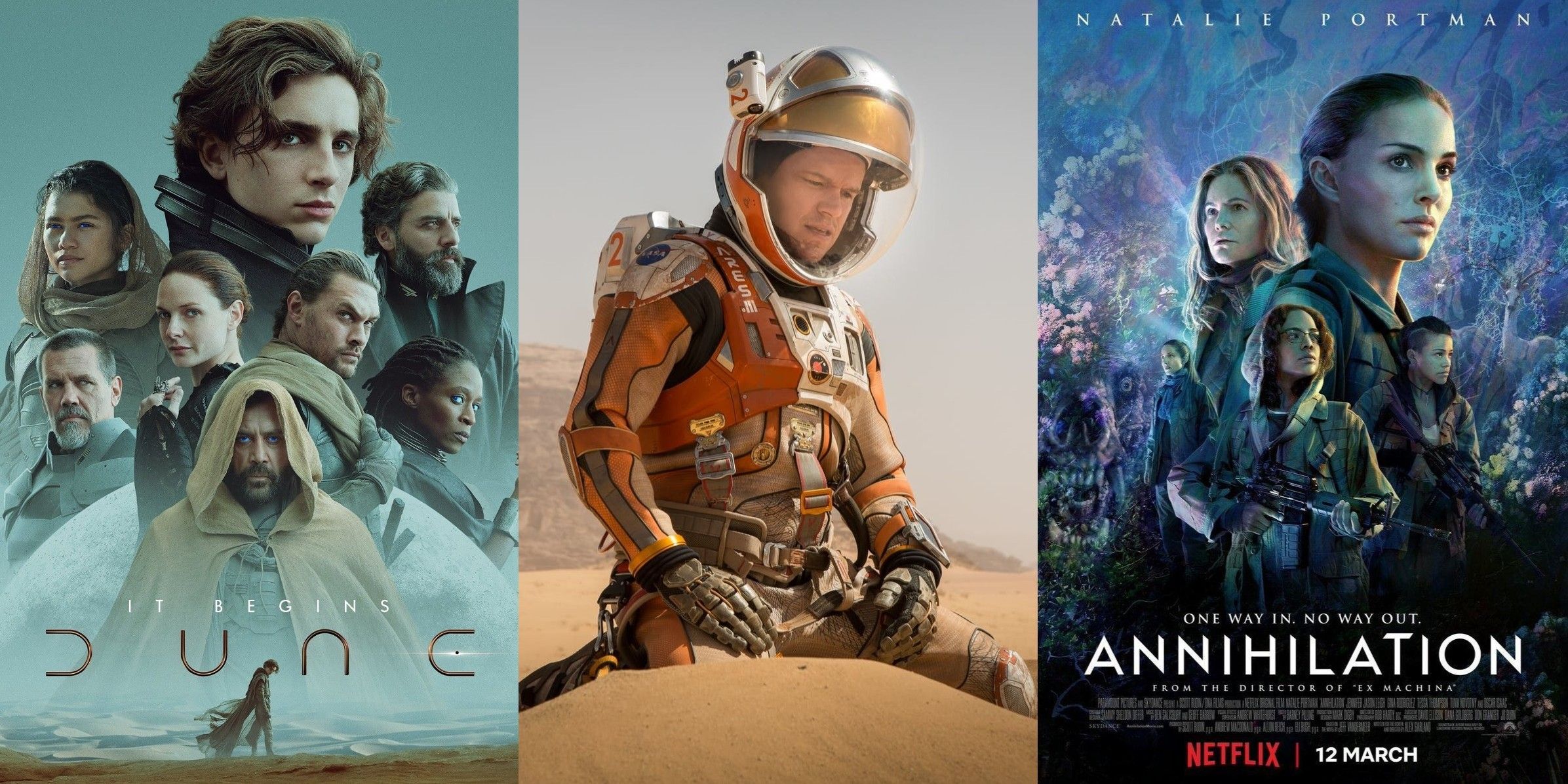 Split image of promo images for Dune, The Martian, and Annihilation