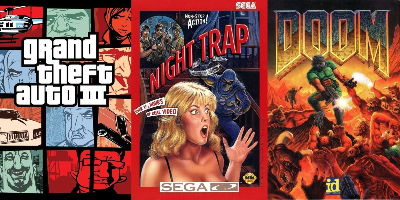 Split image of the covert art for Grand Theft Auto III, Night Trap, & Doom video games.
