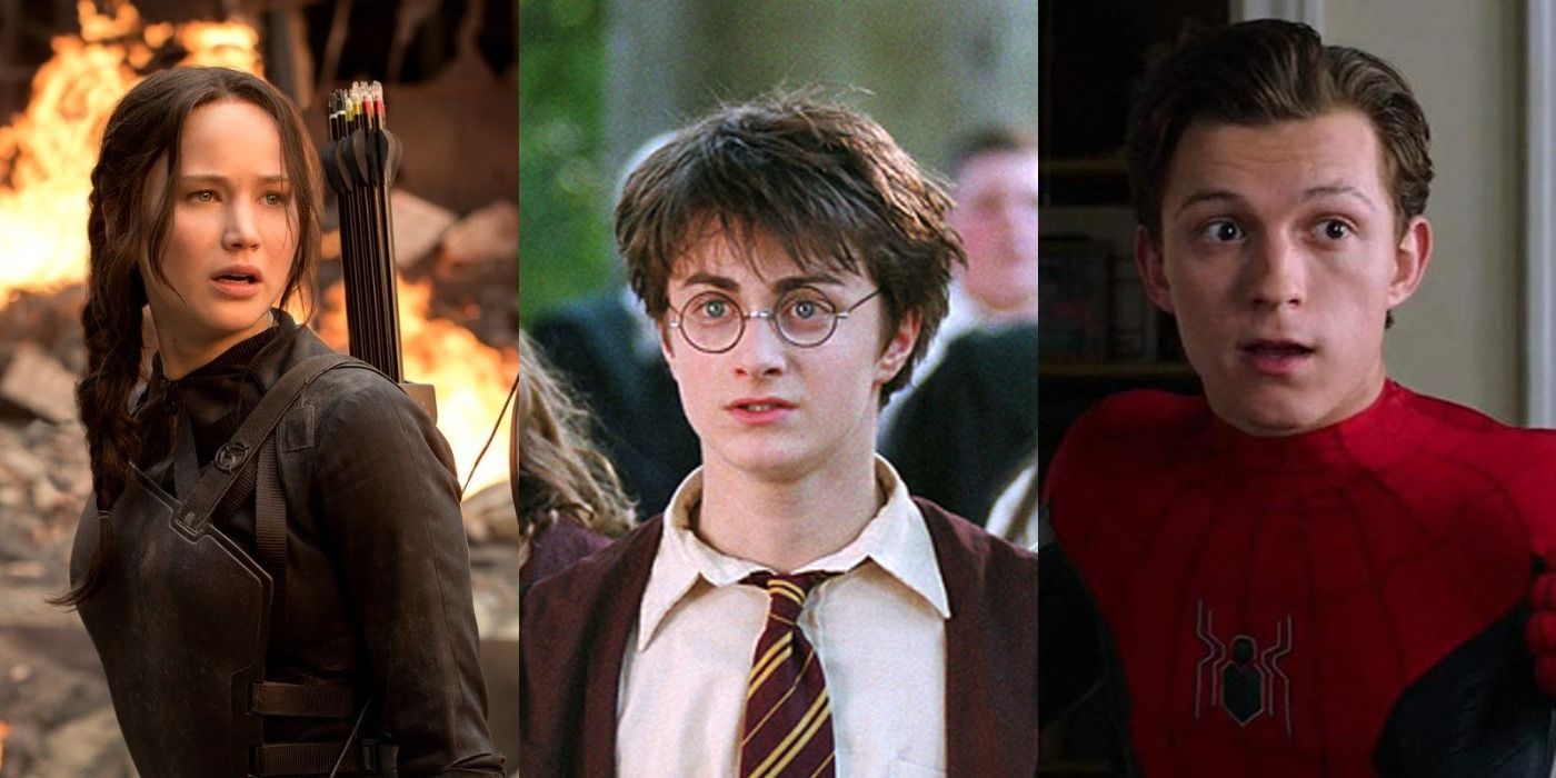 Podzielony obraz Igrzysk Śmierci, Harry'ego Pottera i Spider-Mana z MCU