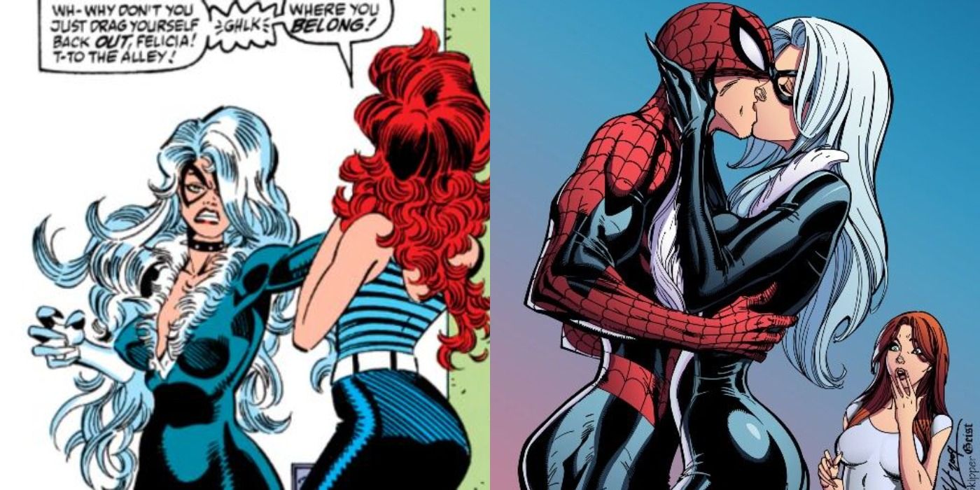 Split image showing Mary Jane fighting with Black Cat and Black Cat kissing Spider-Man