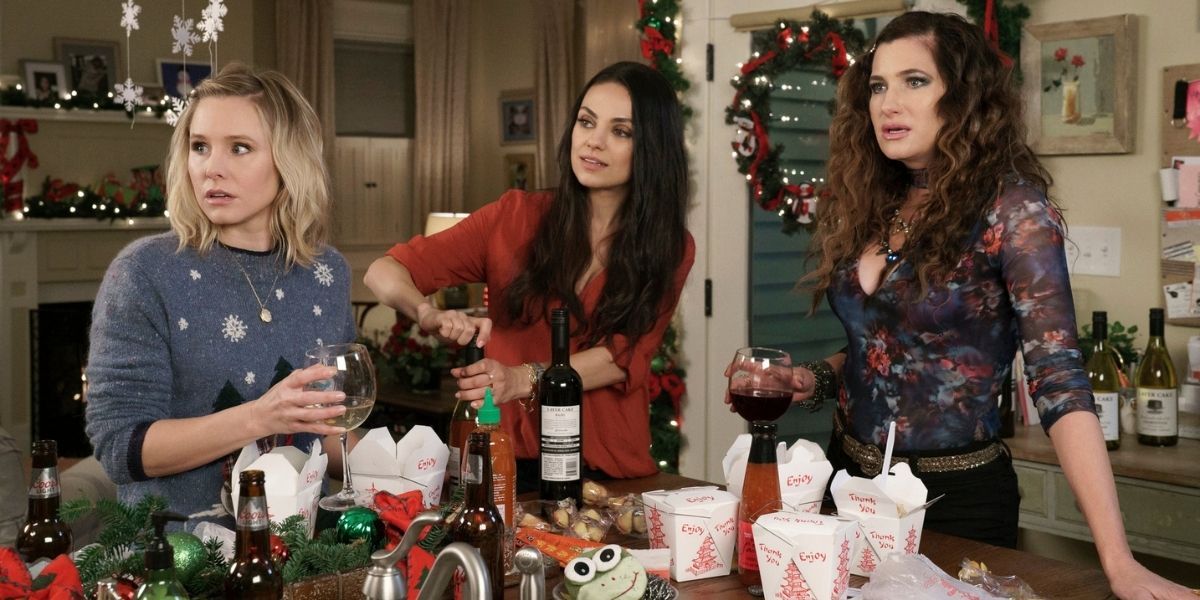 Kristen Bell, Mila Kunis, and Katheryn Hahn drinking wine in A Bad Moms Christmas (2017)