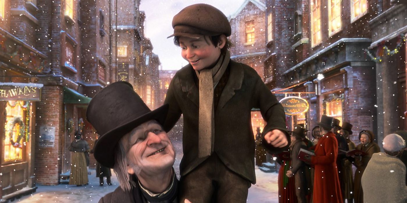 Scrooge carries Tiny Tim on his shoulders in 2009 A Christmas Carol