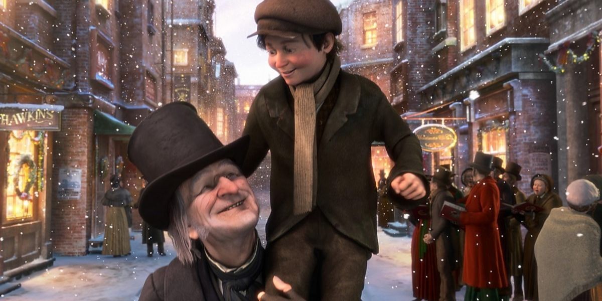 Scrooge levantando Tiny Tim em A Christmas Carol (2009)