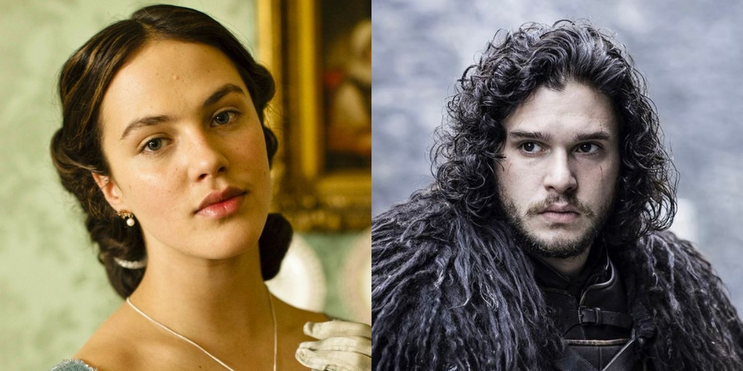 A closeup of Lady Sybil in Downton and Jon Snow wearing black furs in Game of Thrones