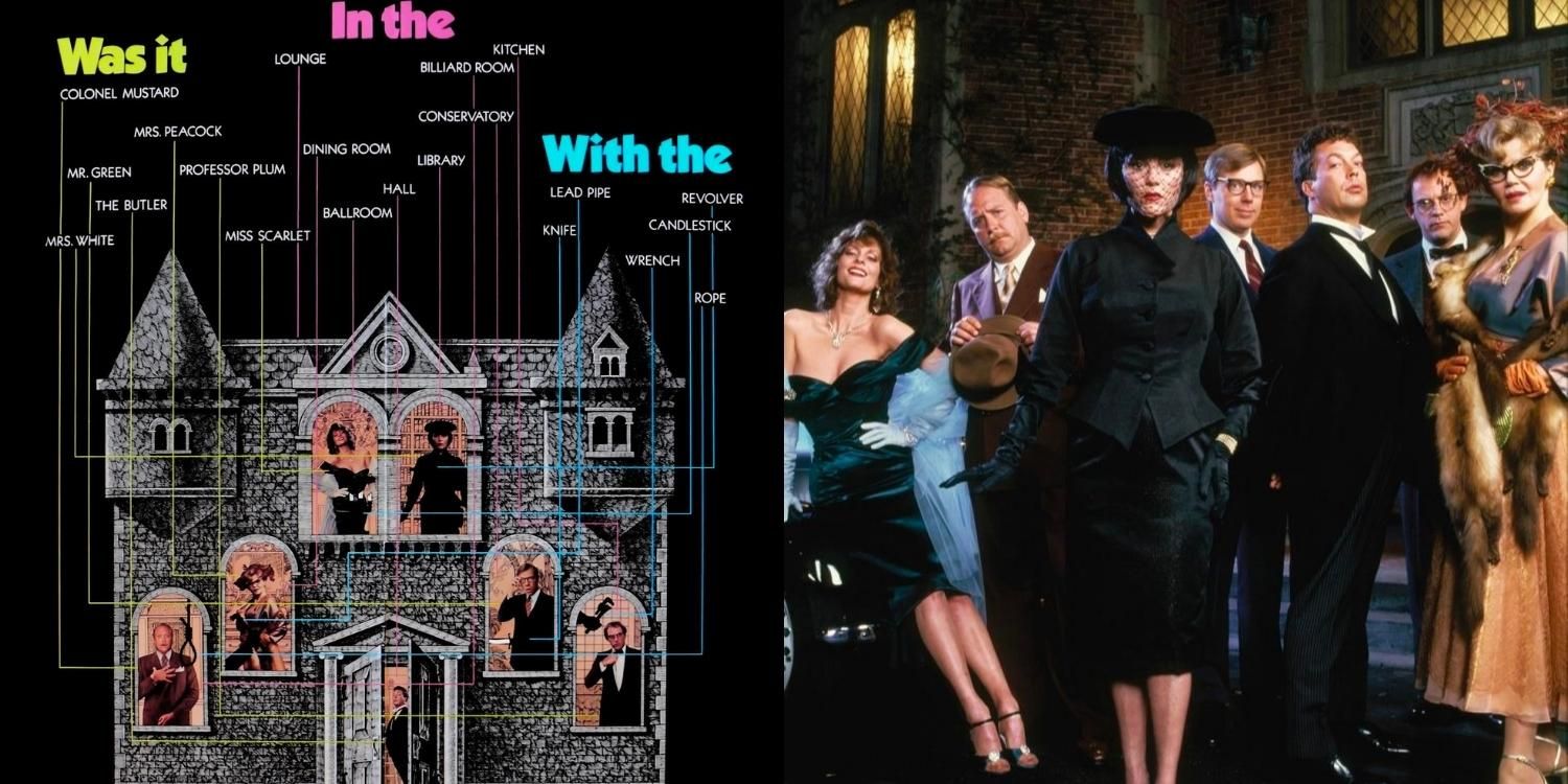 A crop of the mansion poster for Clue next to a photo of the cast in costume
