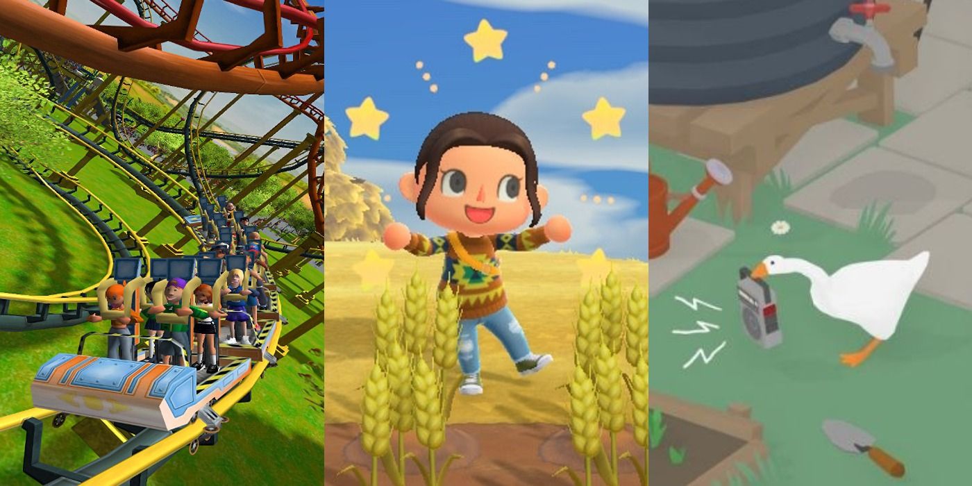 Three images showing a rollercoaster in RollerCoaster Tycoon 3, a woman in Animal Crossing New Horizons, and the goose in Untitled Goose Game.