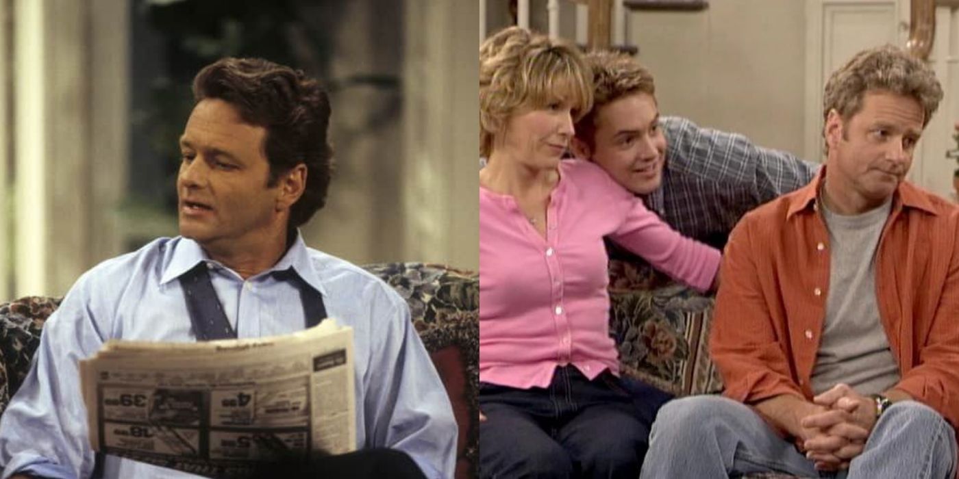 A split image of Alan Mathews reading the paper and sitting with his family on Boy Meets World