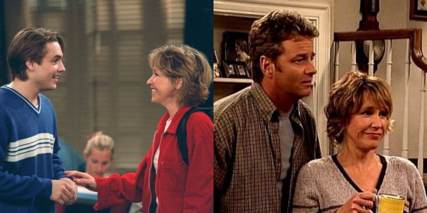 A split image of Amy talking to Eric and later with her husband at home on Boy Meets World