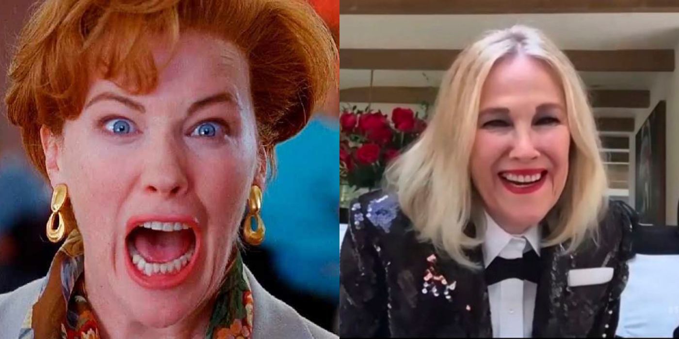 Uma imagem dividida de Catherine O'Hara de Home Alone e mais tarde em uma entrevista na tela