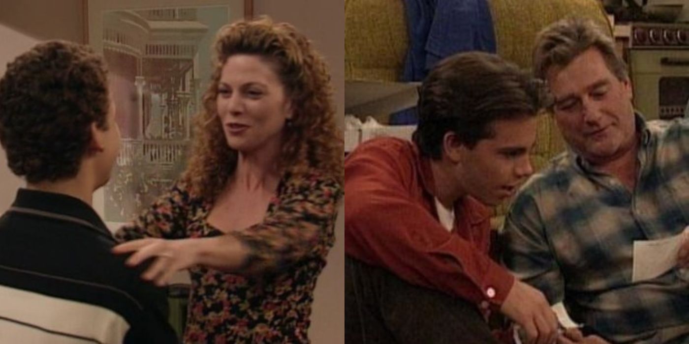 A split image of Chet and Virna talking to Cory and Shawn in Boy Meets World