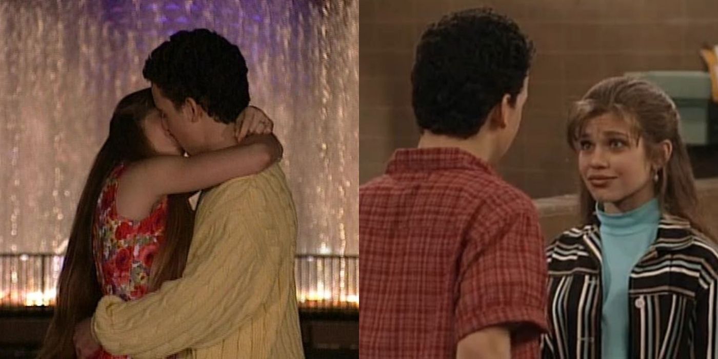 A split image of Cory and Topanga talking and kissing in season 3