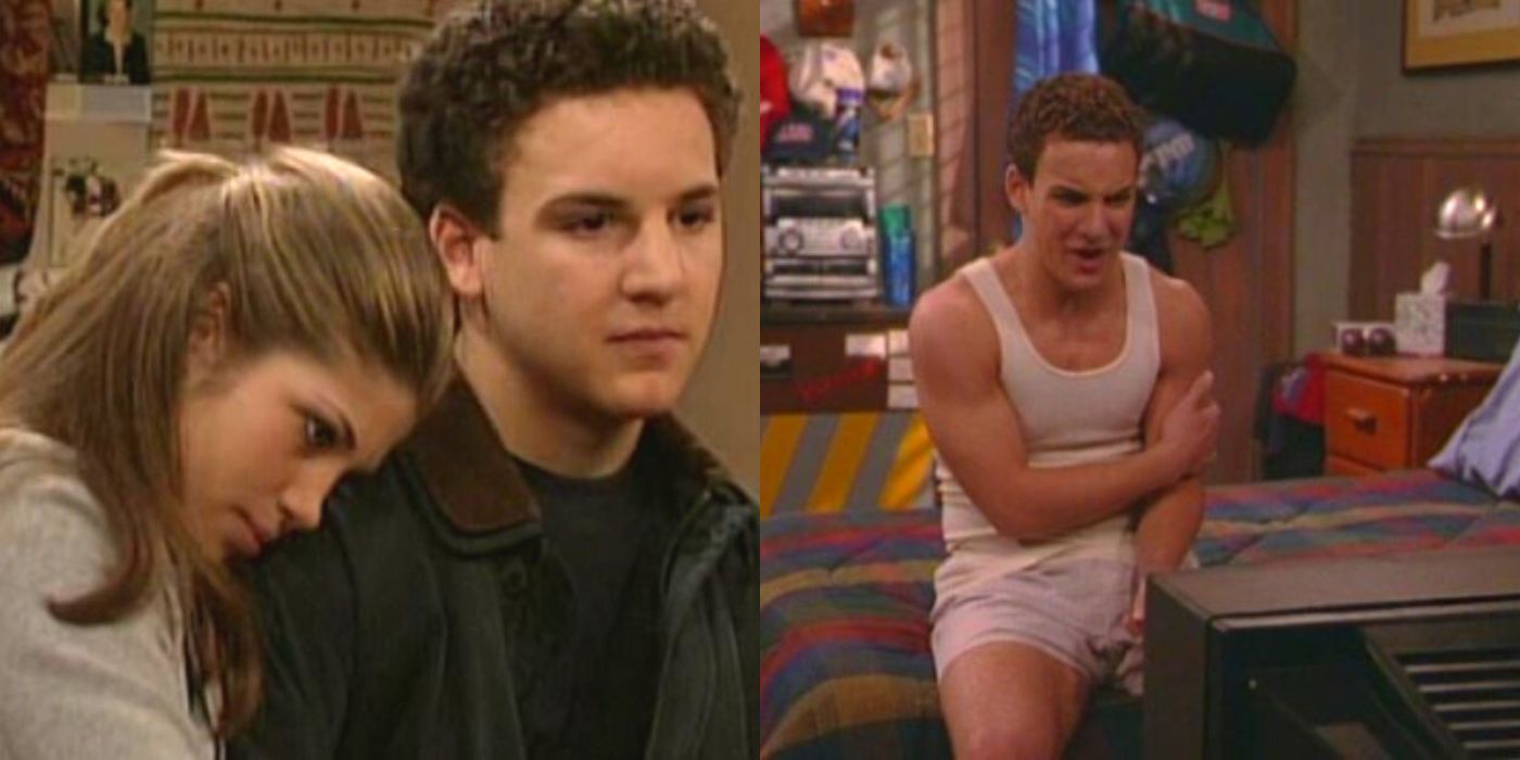 A split image of Cory hugging Topanga and later watching TV on Boy Meets World