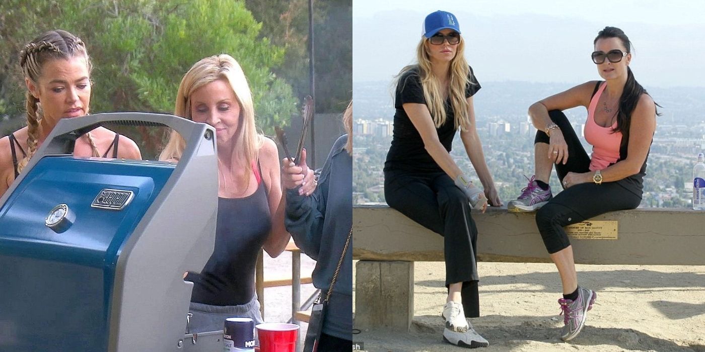 A split image of Denise and Camille grilling while Brandi and Kyle hiked on RHOBH
