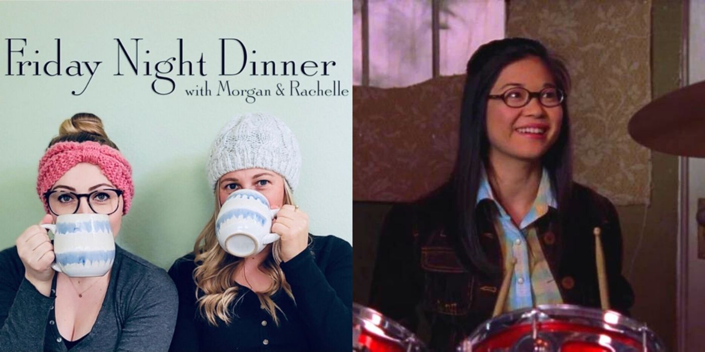A split image of Friday Night Dinner With Morgan &amp; Rochelle and Lane drumming