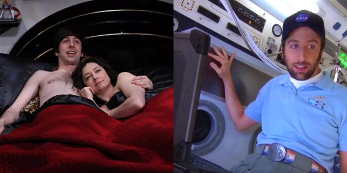 Split image of Howard in bed with Leslie and Howard in space in The Big Bang Theory