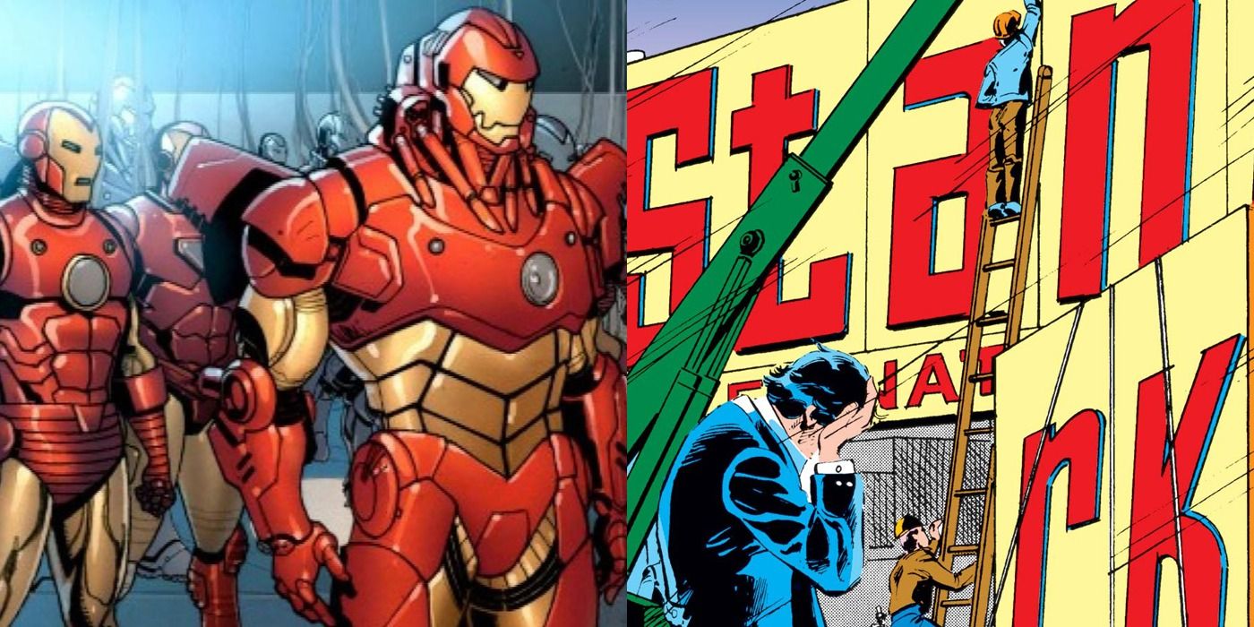 A split image of Iron Man and Tony Stark.