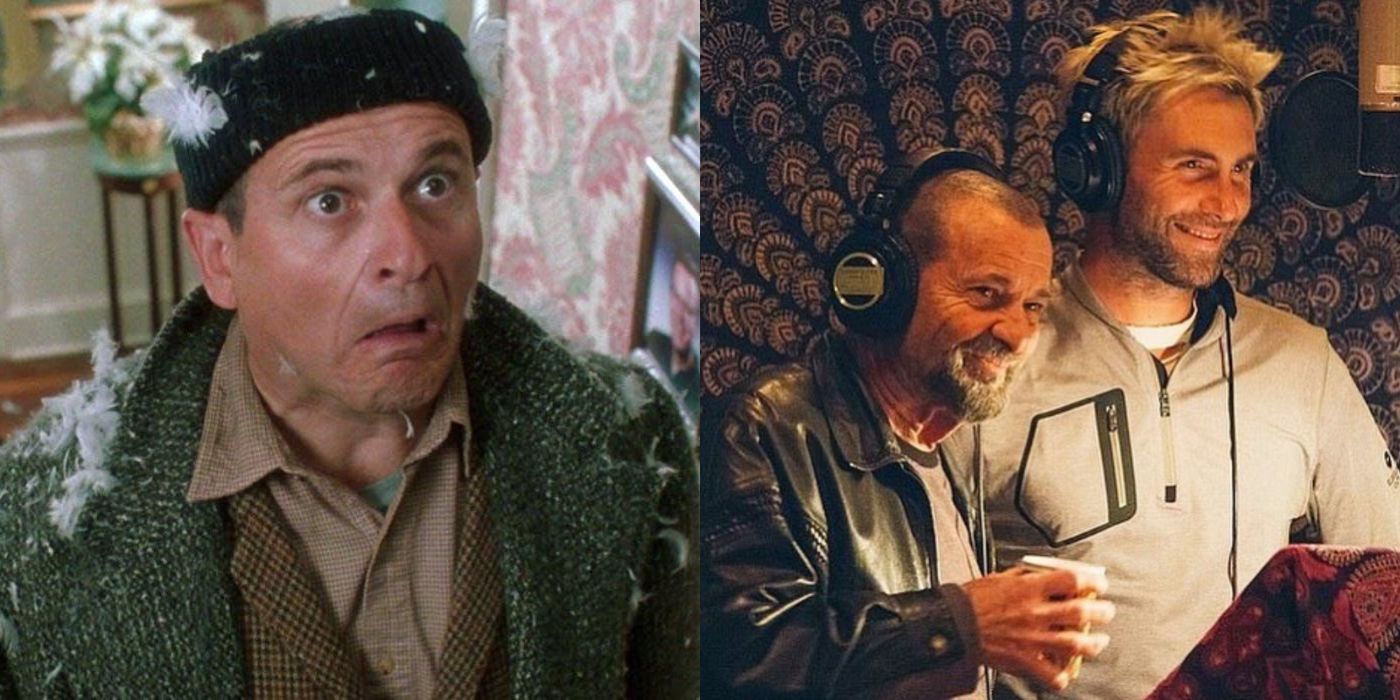 Uma imagem dividida de Joe Pesci de Home Alone e no estúdio de gravação com Maroon 5