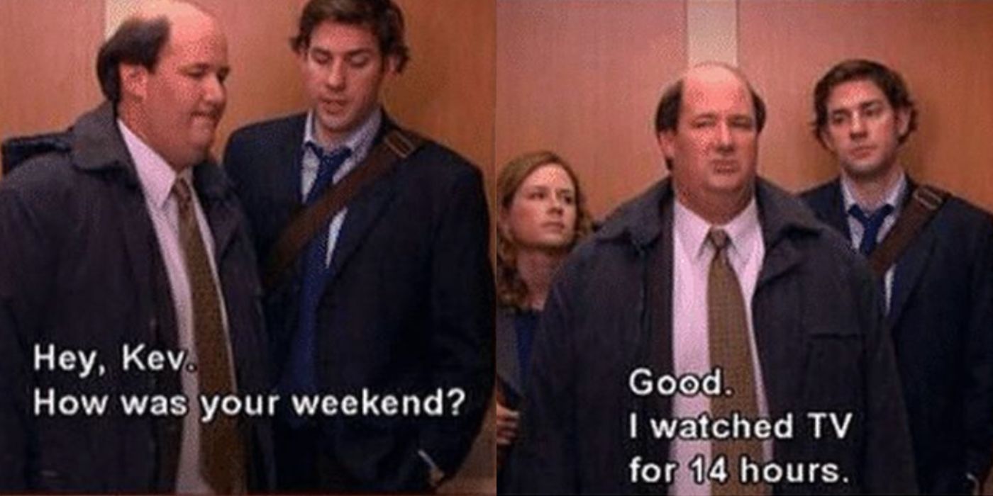 A split image of Kevin and Jim talking about the weekend on The Office