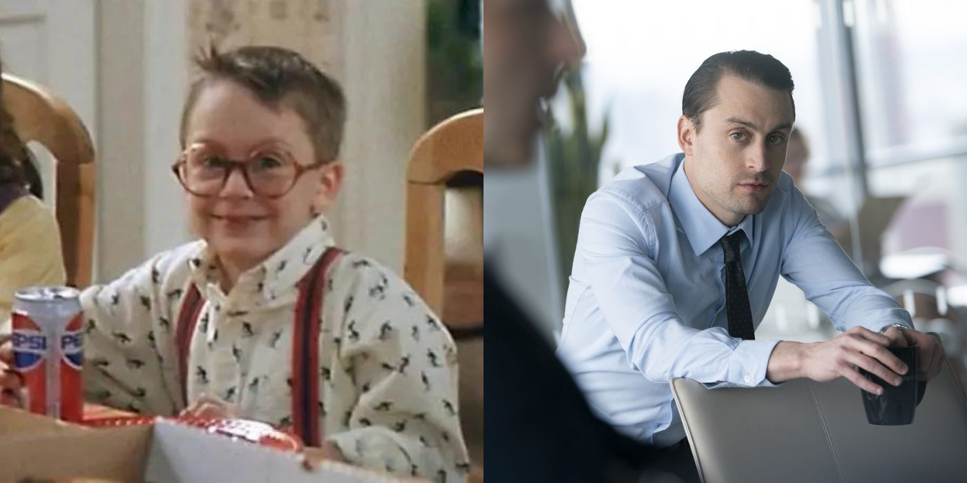 A split image of Kieran Culkin from Home Alone and in Succession