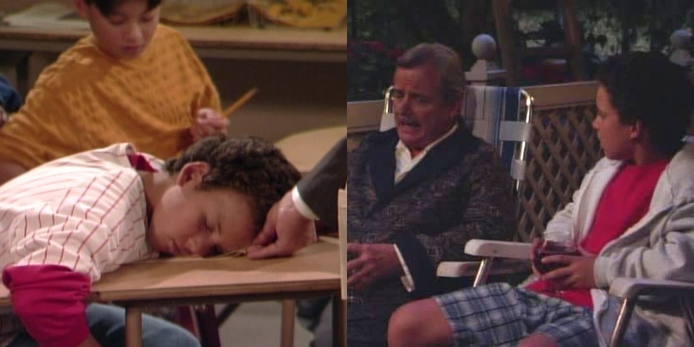 A split image of Mr. Feeny talking to Cory outside after he fell asleep in class on Boy Meets World