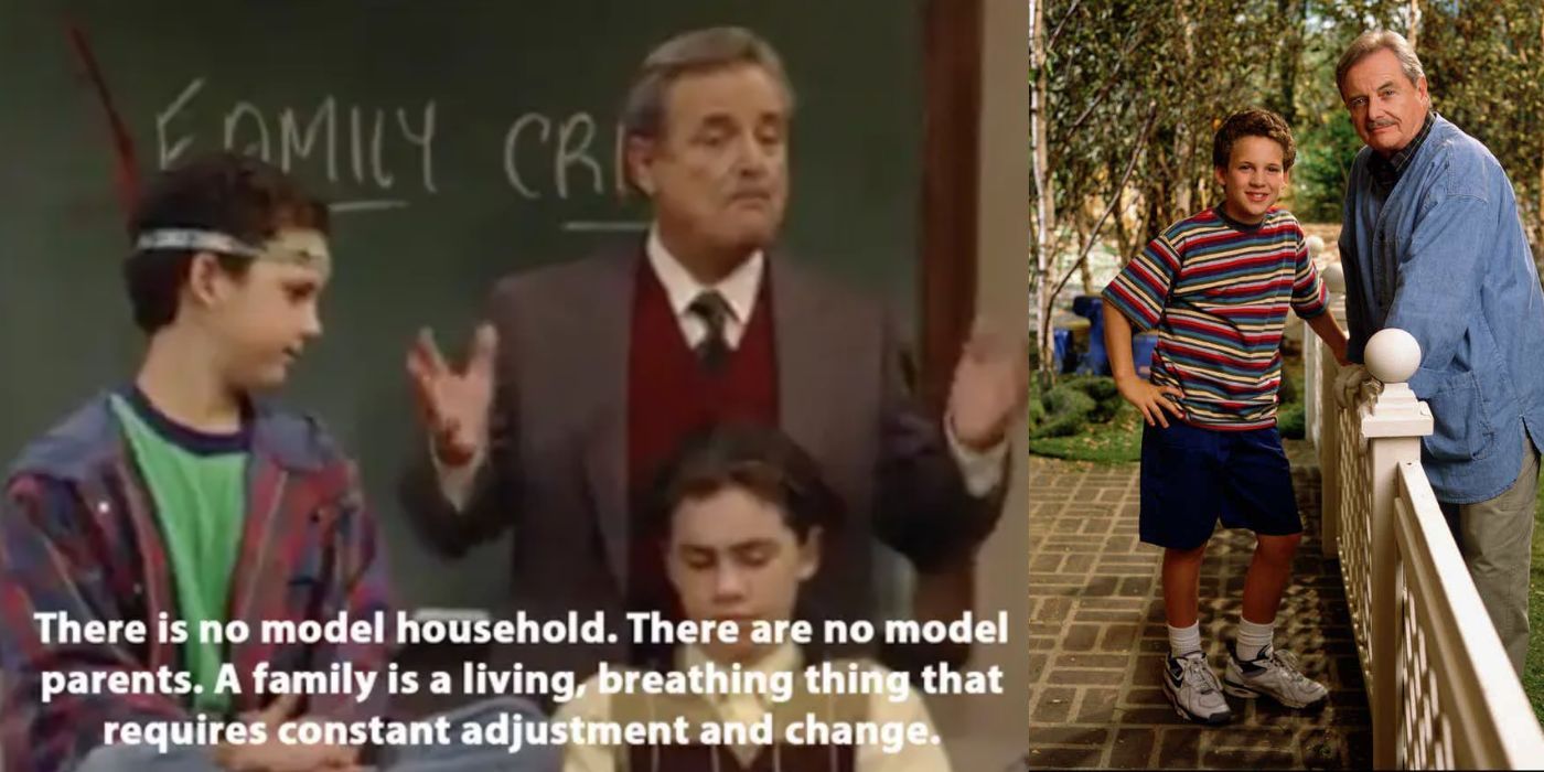 A split image of Mr. Feeny teaching a lesson and later at home with Cory on Boy Meets World