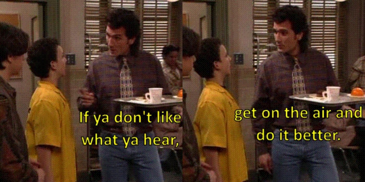 A split image of Mr. Turner talking to Cory and Shawn about the radio show on Boy Meets World