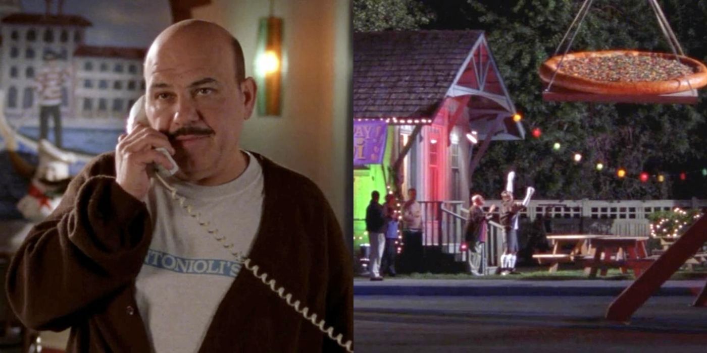 A split image of Pete on the phone and the massive pizza outside on Gilmore Girls