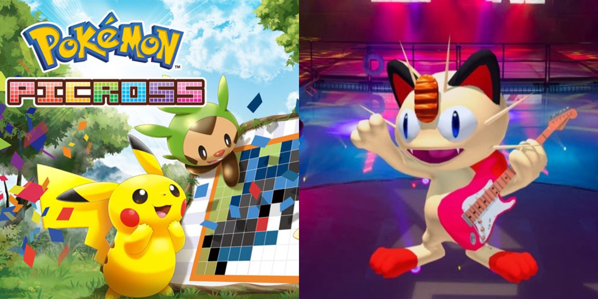 A split image of Pokemon Picross cover and Meowth Pokemon party