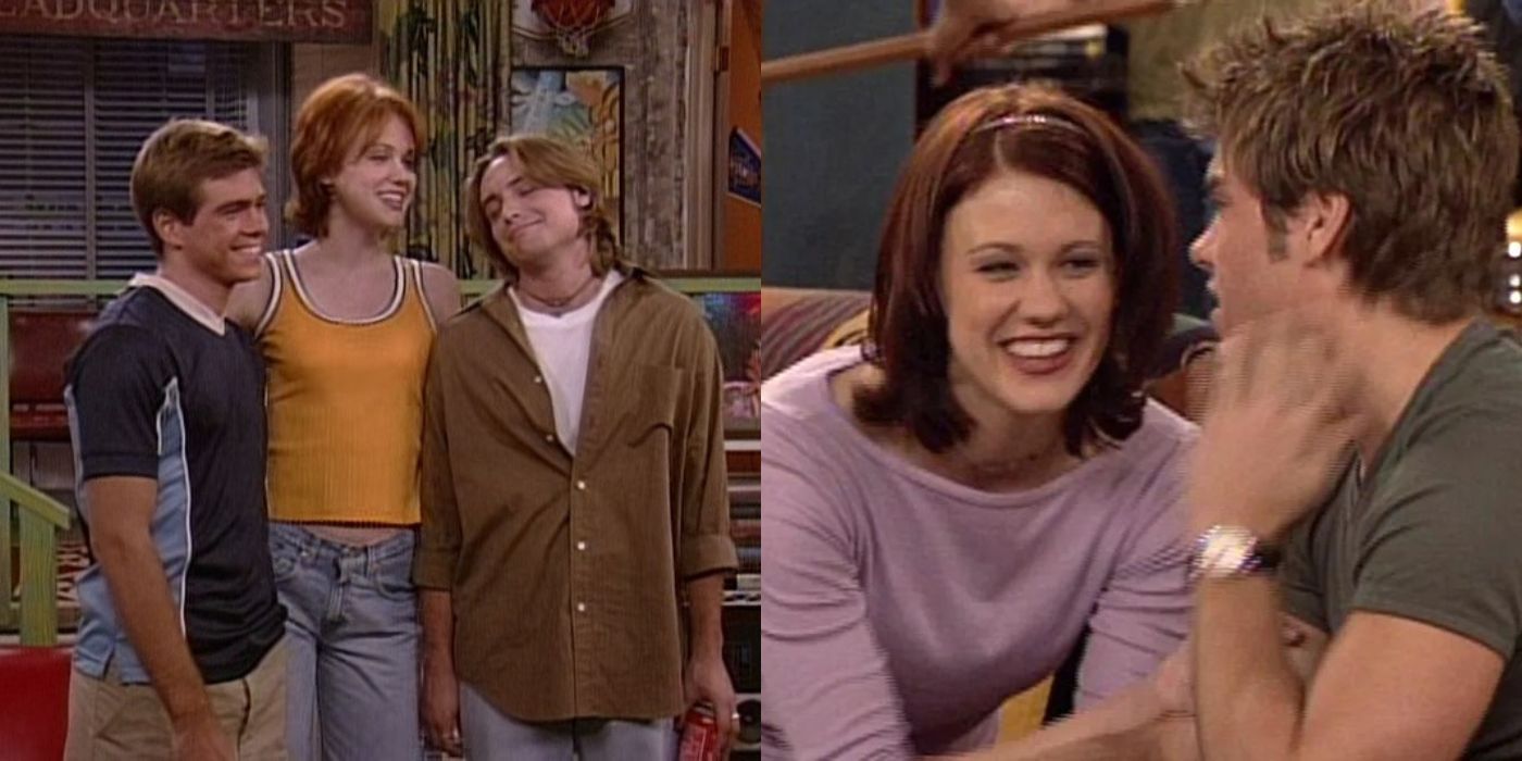 A split image of Rachel with Eric and Jack in their apartment from Boy Meets World