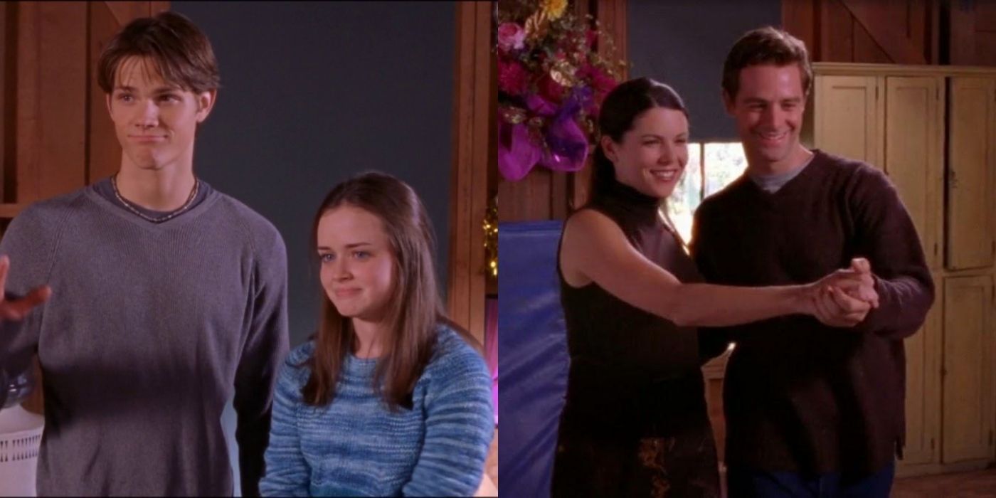 A split image of Rory and Dean, and Lorelai and Chris taking dance lessons on Gilmore Girls