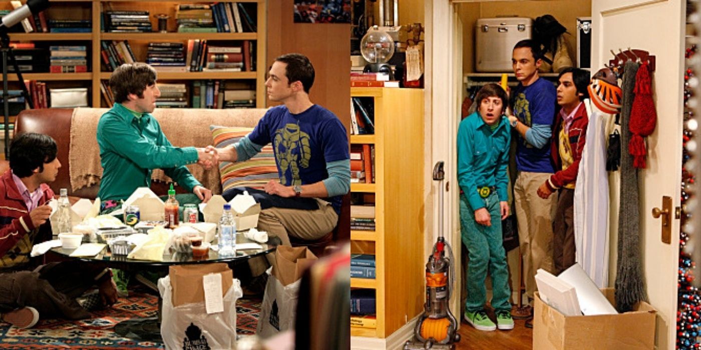 A split image of Sheldon, Raj, and Howard in their apartment looking for a cricket on TBBT