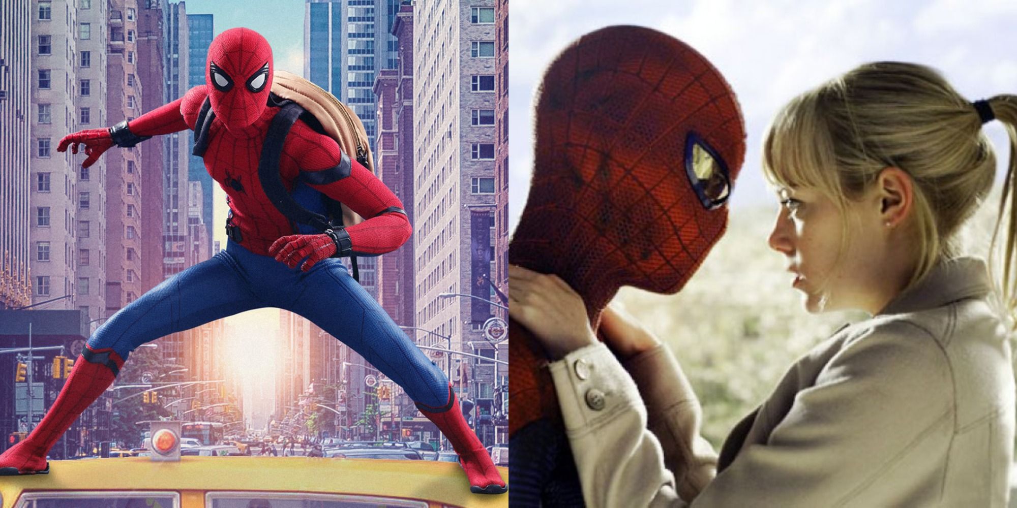 A split image of Spiderman standing on a car and hugging Gwen Stacy in the Spider-Man movies