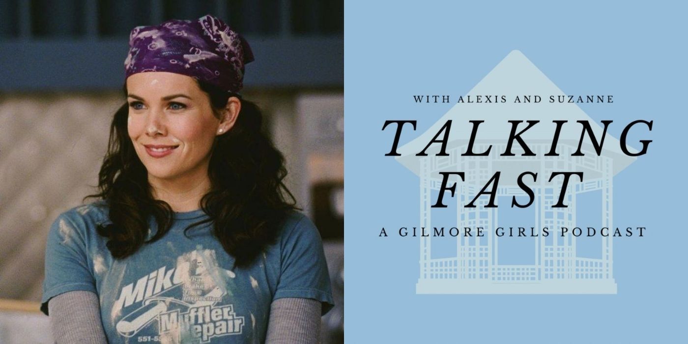 A split image of Talking Fast A Gilmore Girls Podcast and Lorelai Gilmore