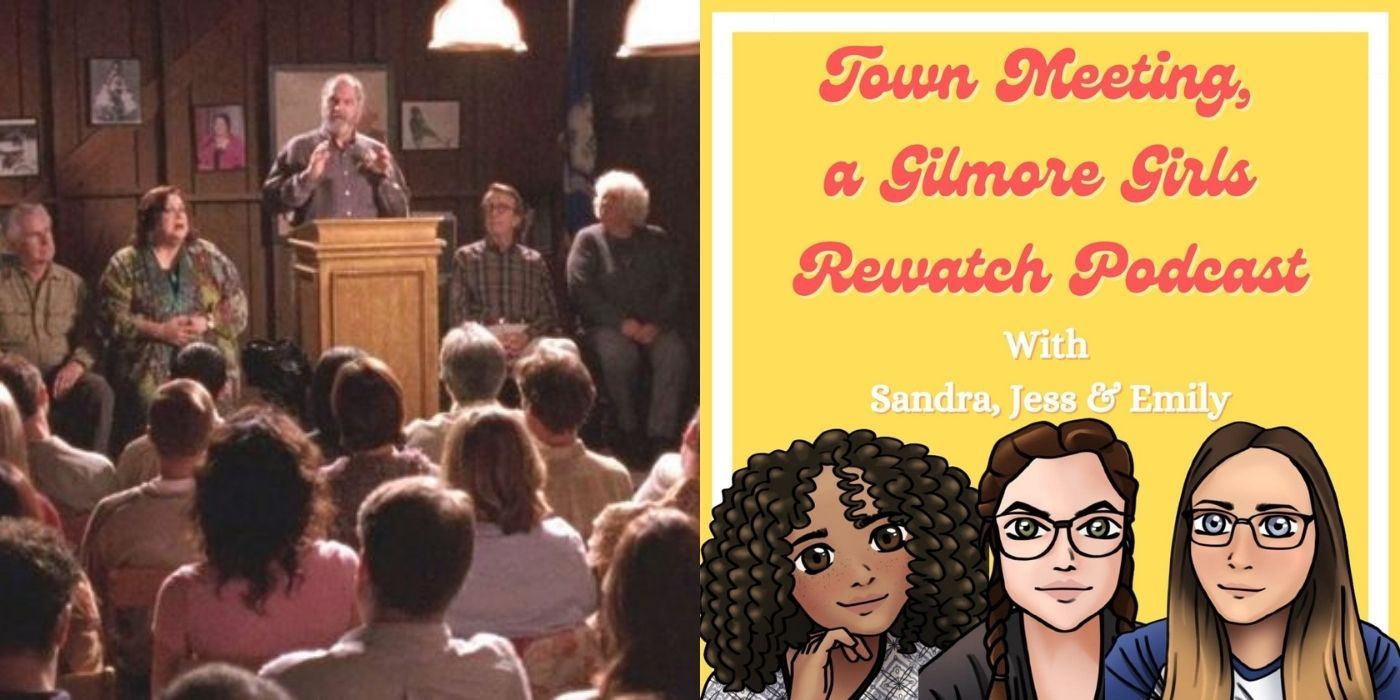 A split image of Town Meeting, A Gilmore Girls Rewatch Podcast and a downhill meeting