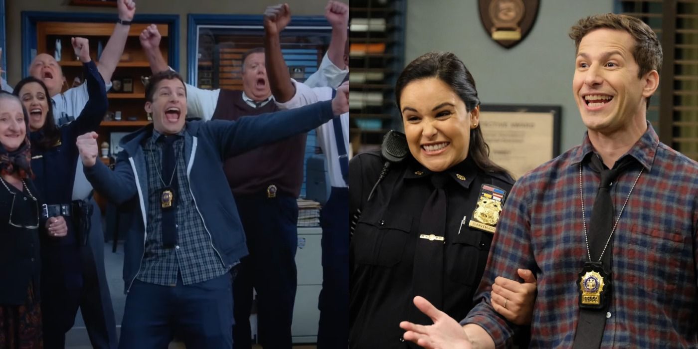 A split image of the 99 detectives cheering and Jake and Amy smiling in Brooklyn Nine-Nine