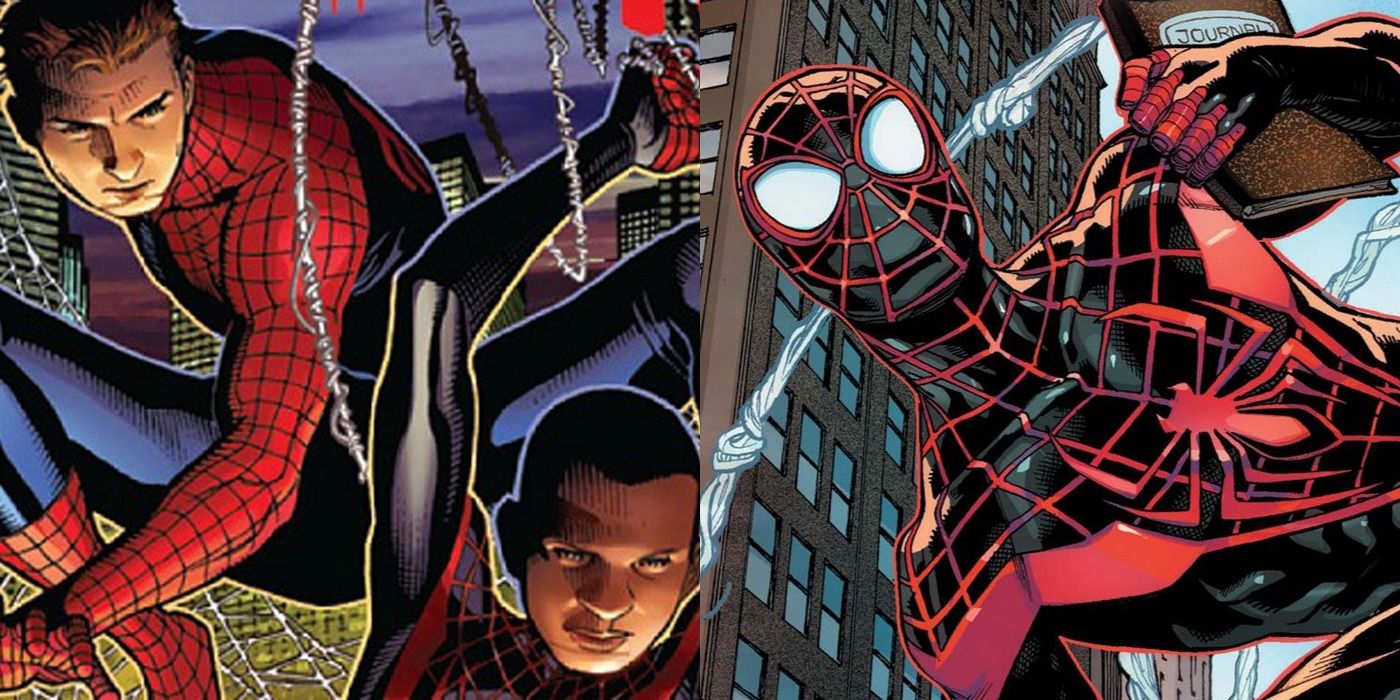 A split screen image of Miles Morales and Spider-Man