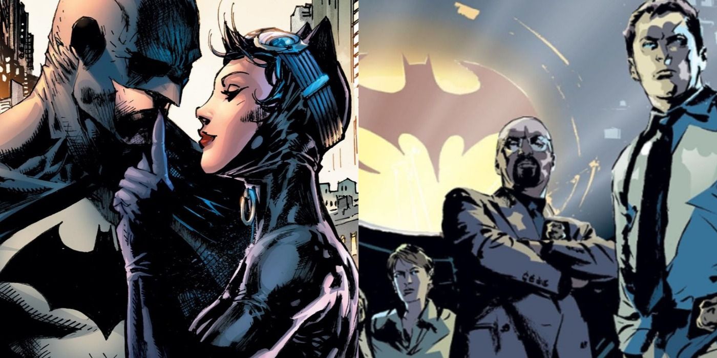 A split screen of Batman, Catwoman and Gotham PD.
