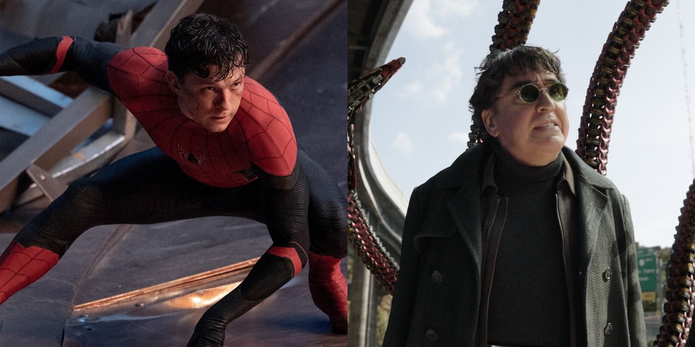 A split screen of Spider-Man and Doctor Octopus in No Way Home.