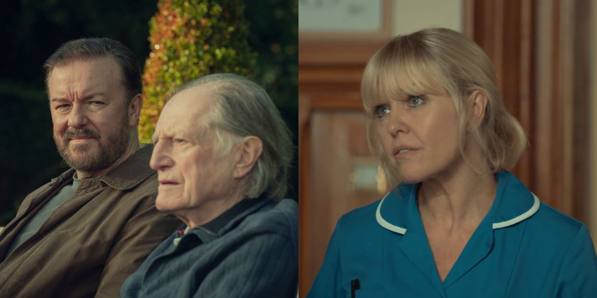 Split image showing Tony and Ray, and Emma in After Life