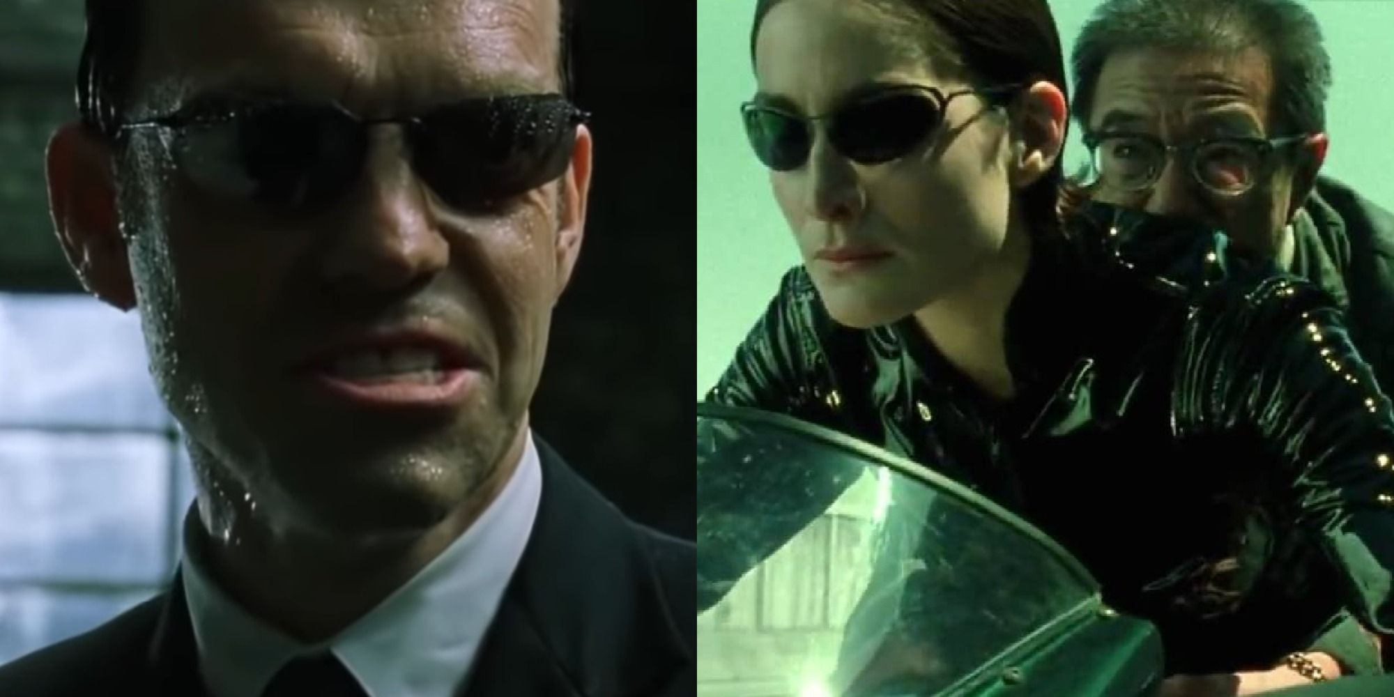 Split image of Agent Smith gritting his teeth in The Matrix and Trinity on a motorcycle with the Keymaker in The Matrix: Reloaded