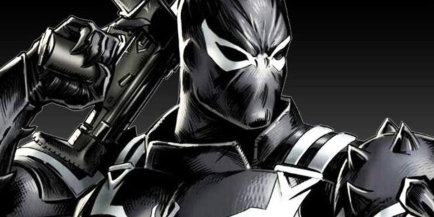 Flash Thompson in his black Agent Venom armored suit, holding a gun