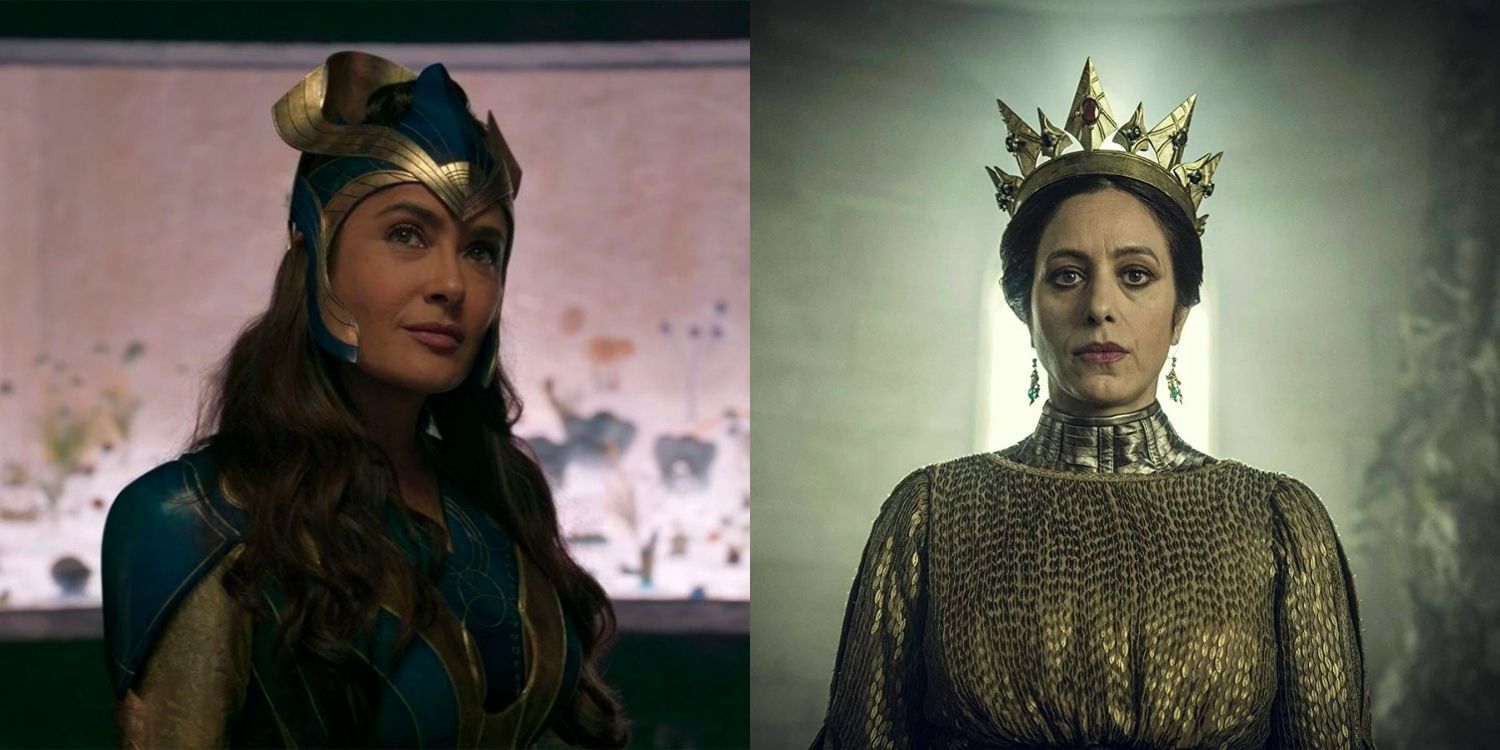 Ajak smiling in her uniform in Eternals and Calanthe in her crown looking serious in The Witcher