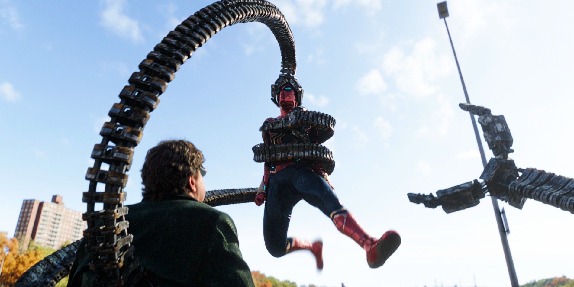 Doc Ock holds Spider-Man in his tentacles in Spider-Man: No Way Home