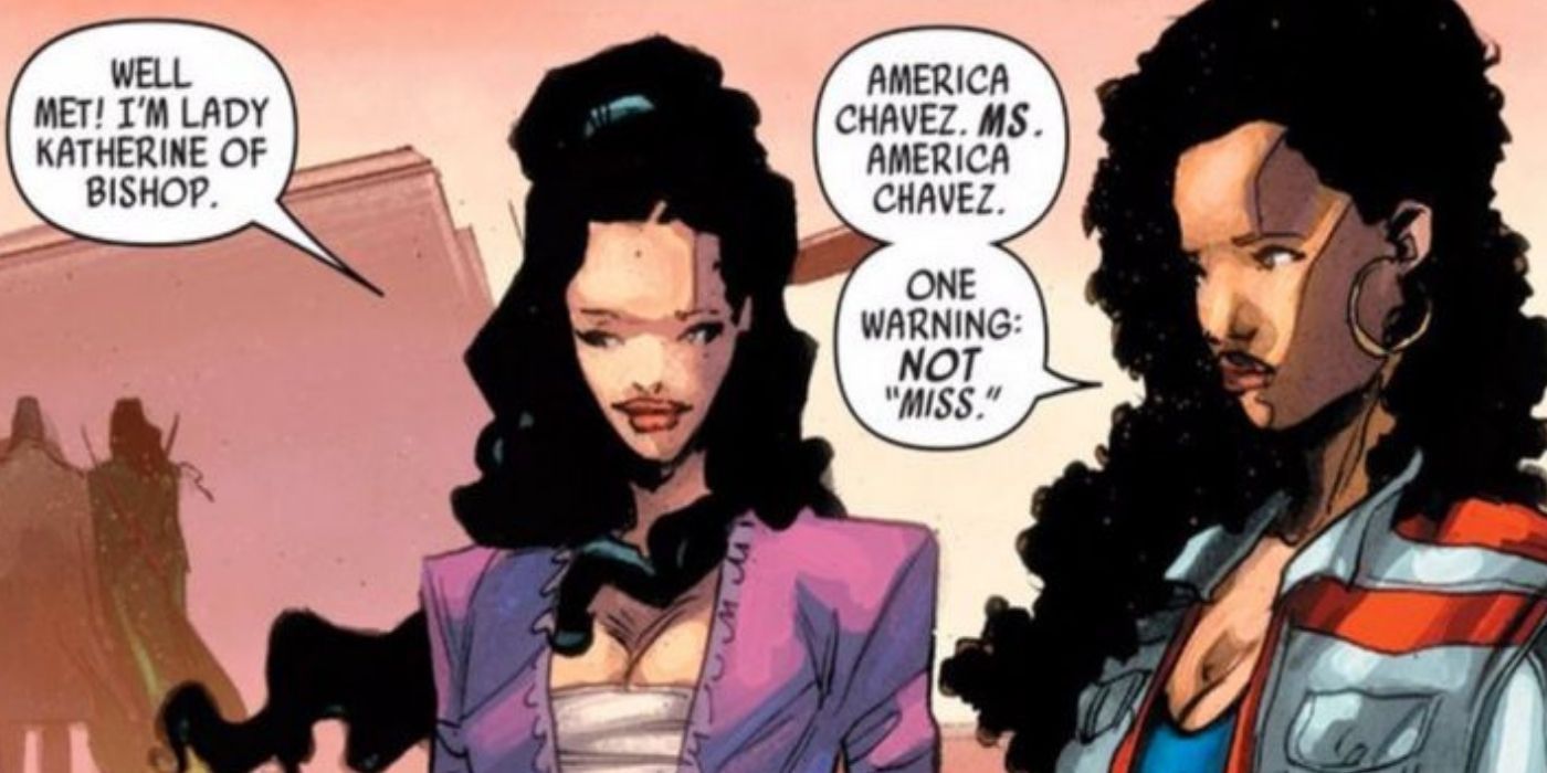 America Chavez talking to Lady Katherine in Marvel Comics.